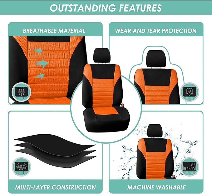 FH Group Automotive Car Seat Covers Full Set Premium 3D Air Mesh Front Seat Covers, Airbag Compatible & Split Bench Cover Universal Fit Interior Accessories for Cars Trucks and SUVs - Orange