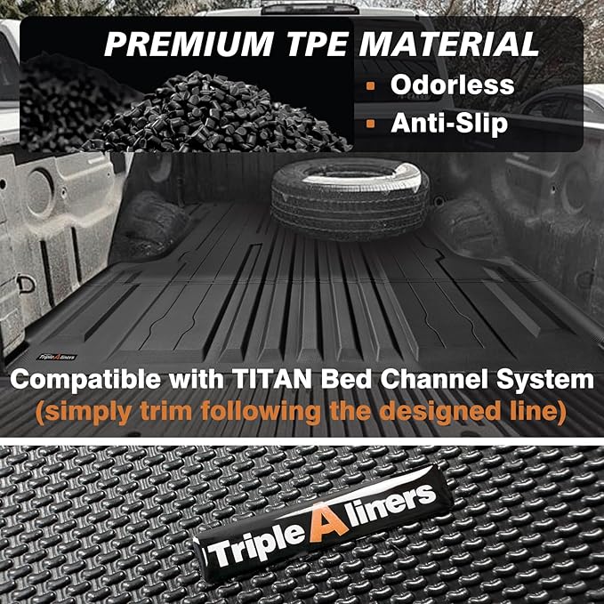 TripleAliners Truck Bed Mat Compatible with 2004-2024 Nissan Titan Accessories 5.5FT(Won't Fit Equipped Truck Bed Storage)Perfectly Flush All Weather Protection TPE Heavy Duty Pickup Car Bed Cargo Mat
