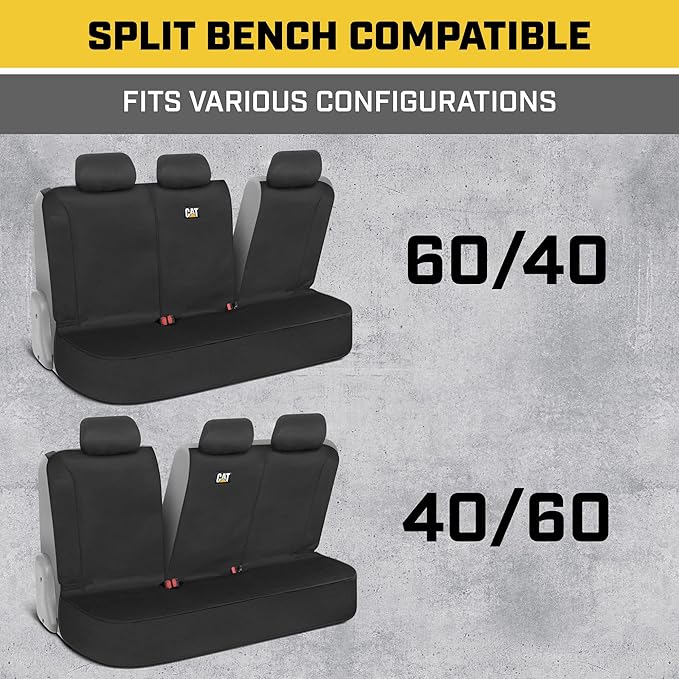 Cat Flexfit™ Black Rear Seat Cover for Car, SUV, & Truck - Durable Canvas Material Back Car Seat Covers 60/40 Split Bench Protector - Back Seats Cover & Rear Bench Protector Interior Accessories