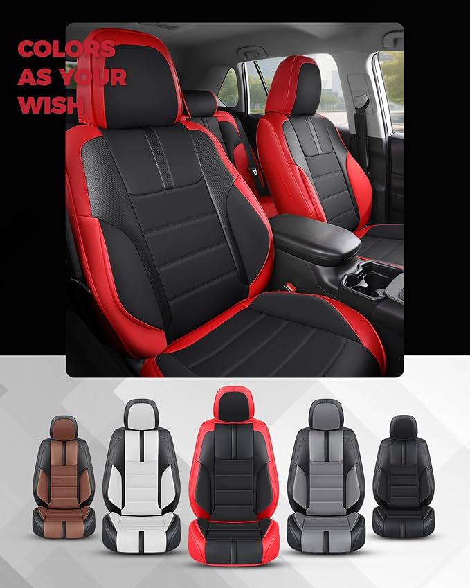 FREESOO Red Black Car Seat Covers Full Set - Faux Nappa Leather Seat Covers for Cars, with Front Seatbelt Pads, Breathable Interior Protectors Universal Fit for Most 5 Seats Vehicles Sedans SUV Trucks