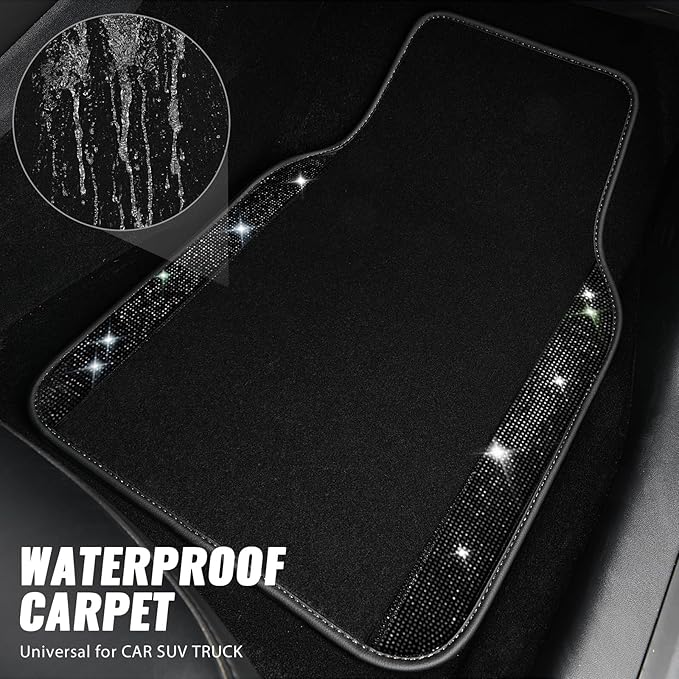 CAR PASS Bling Diamond Leather Steering Wheel Cover 14.5in-15in Floor Mats Shining Rhinestone Carpet Sparkly Glitter Crystal Anti-Slip Pad Fit Automotive SUV Pickup Truck Girl Women, 5pcs Black