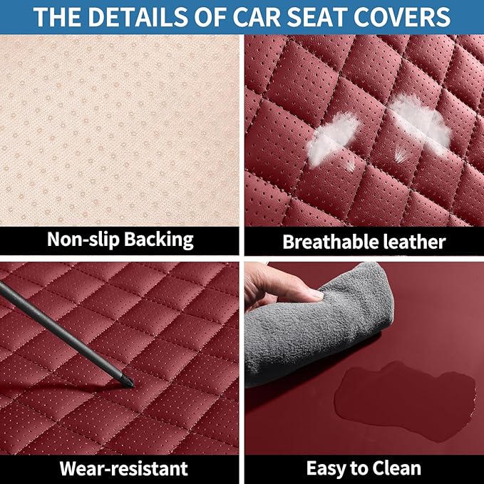 Leather Car Seat Covers Full Set Breathable Automotive Seat Covers Waterproof Seat Protectors Universal Fit for Most Automotive Cars SUV Trucks Van(Red, Full Set)
