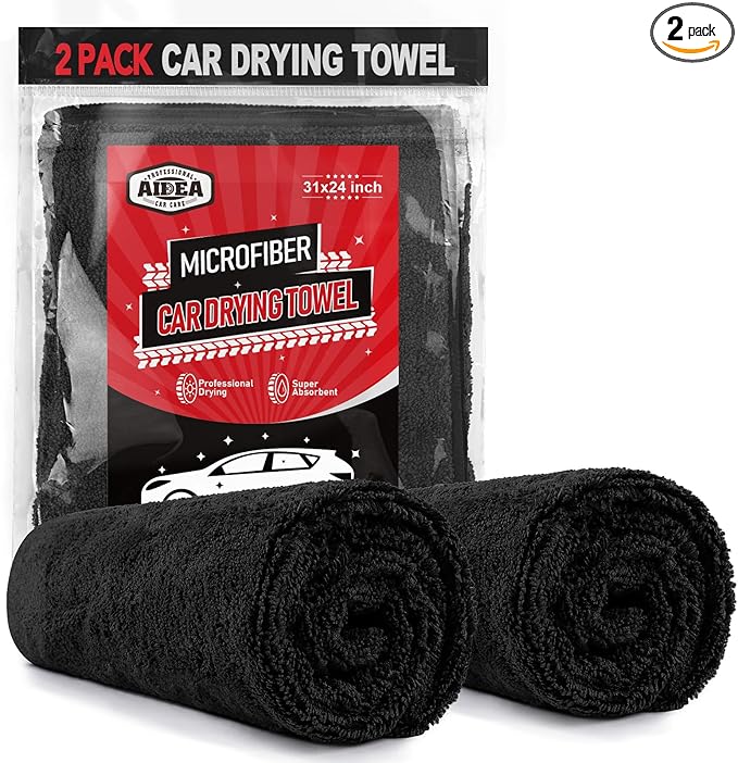 AIDEA Microfiber Towels for Cars-2PK, Large Professional Car Drying Towel, Scratch-Free & Absorbent Drying Towel for Cars, SUVs, RVs, Trucks, and Boats, 24inx 31in, Black