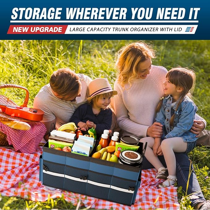 K KNODEL Car Trunk Organizer with Lid, Collapsible Car Trunk Storage Organizer, Car Organizer and Storage for SUV, Truck, Sedan (Medium, Blue)