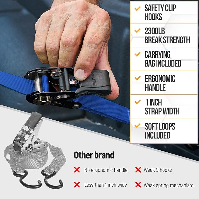 FORTEM Ratchet Straps, Tie Down Strap Set 2300lb Break Strength, 4 Pack 15ft x 1in, 4 Soft Loops, Moving Straps Tie Downs, Cargo Cam Buckles for Trucks, Carry Bag, for Men