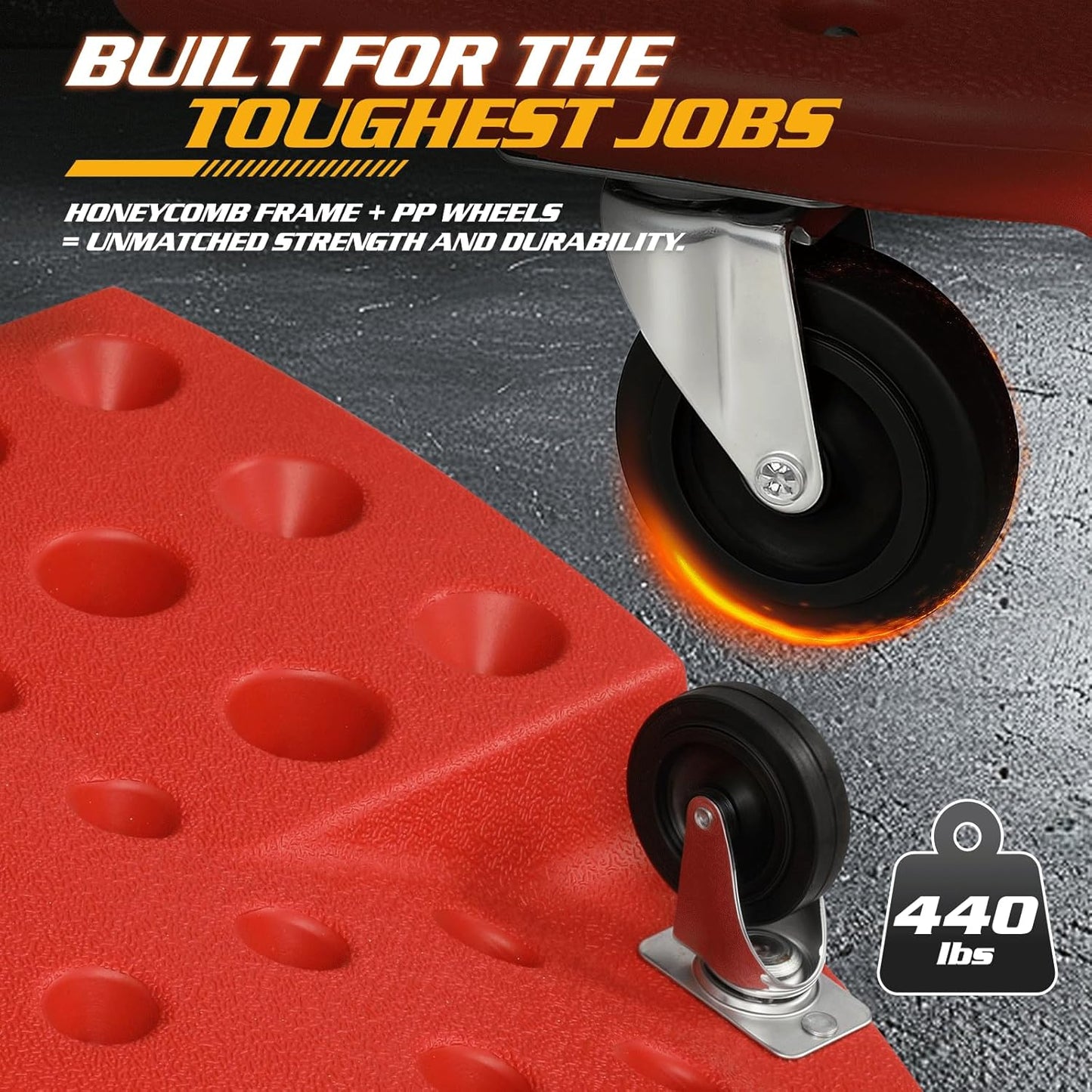 Magshion Rolling Garage Creeper with Padded Headrest, Shop Creeper 46.5" Mechanic Cart with Double Tool Tray and 6 Casters, Lightweight Floor Creeper Automotive Creeper - 440 lbs Capacity (Red)