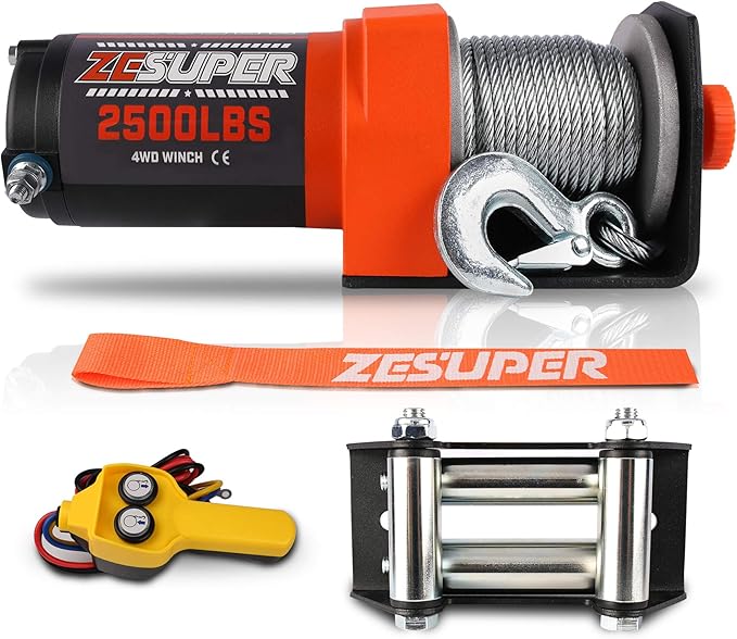 ZESUPER 2500 lb Electric Winch 50ft Steel Cable 12V DC UTV ATV Boat Trailer Winch with Handheld Remote Mounting Plate Waterproof Small Electric Winch ATV Winches Kits