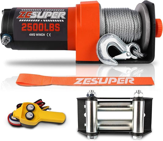 ZESUPER 2500 lb Electric Winch 50ft Steel Cable 12V DC UTV ATV Boat Trailer Winch with Handheld Remote Mounting Plate Waterproof Small Electric Winch ATV Winches Kits