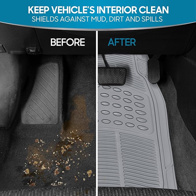 BDK Original ProLiner 3 Piece Heavy Duty Front & Rear Rubber Floor Mats for Car SUV Van & Truck, Gray - All Weather Floor Protection with Universal Fit Design