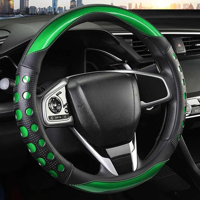 Leather Car Steering Wheel Cover with Anti-Slip Grip, for Women and Men, Universal Fit for 14.5-15 Inch Cars, Trucks, SUVs (Green (Round), Medium(Standard) Size[14 1/2''-15''])