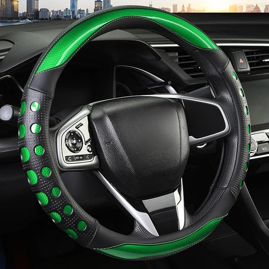 Leather Car Steering Wheel Cover with Anti-Slip Grip, for Women and Men, Universal Fit for 14.5-15 Inch Cars, Trucks, SUVs (Green (Round), Medium(Standard) Size[14 1/2''-15''])