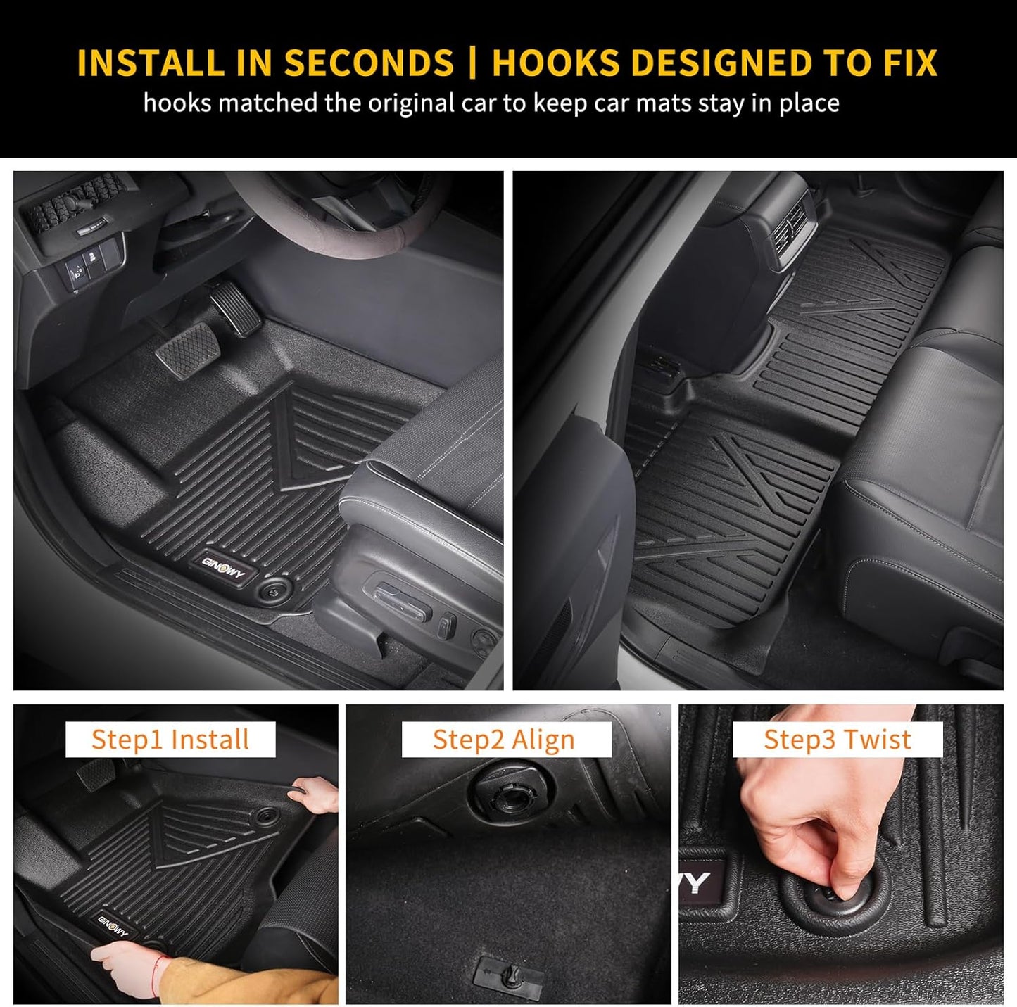 GINOWY-Floor Mats for Chevy Colorado 2023 2024 2025 Crew Cab &GMC Canyon, TPE All Weather Protection Floor Liners for Colorado 2024, Non-Slip Durable Waterproof Custom Fit Accessories, Black