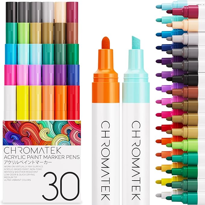 CHROMATEK Dual Tip Acrylic Paint Markers - 30 Colors Premium Paint Pens for Canvas, Rock Painting, Glass, Wood, Ceramic, DIY Crafts Art Supplies - Waterproof, Quick Drying with Video Tutorials & Ebook
