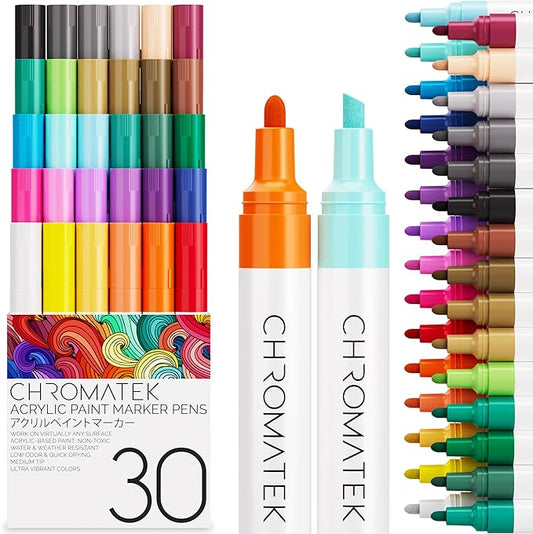 CHROMATEK Dual Tip Acrylic Paint Markers - 30 Colors Premium Paint Pens for Canvas, Rock Painting, Glass, Wood, Ceramic, DIY Crafts Art Supplies - Waterproof, Quick Drying with Video Tutorials & Ebook