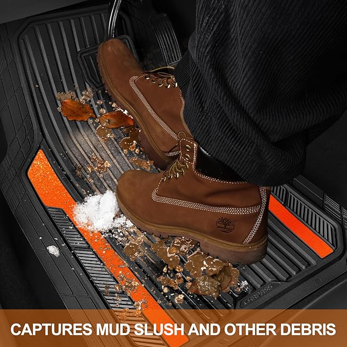 CAR PASS Heavy Duty Rubber Car Mats Metallic, Aluminum Film All Weather Floor Mats Waterproof Universal Trim to Fit SUVs Sedans Vans 4 Piece Anodized Deep Dish Two-Tone Sporty Black Orange Chrome