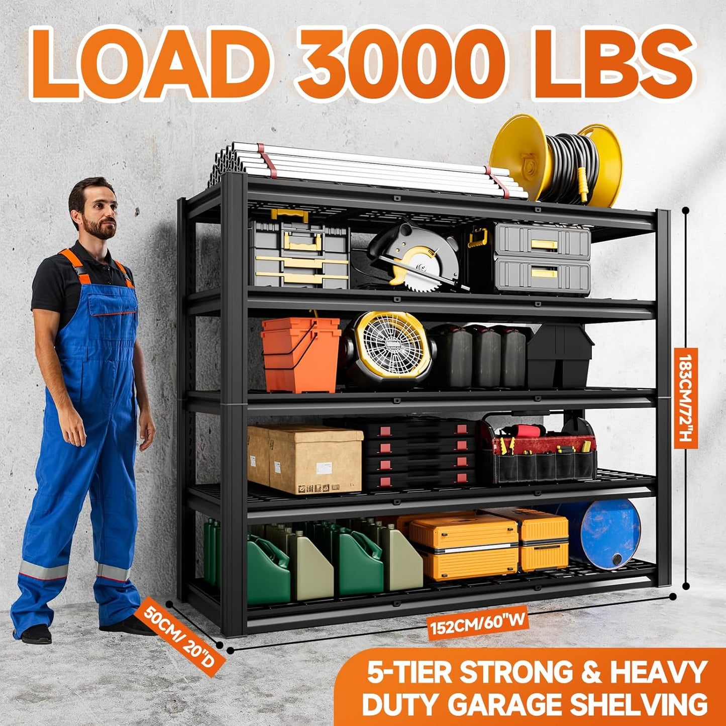 5-Tier 60" W x 20" D x 72" H Garage Shelving 30000LBS Heavy Duty Adjustable Storage Shelves Basement Industrial Shelving Units(Black)