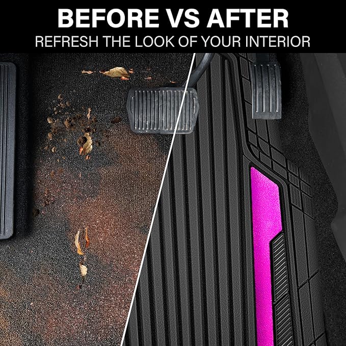 CAR PASS Heavy Duty Rubber Car Mats Metallic, Aluminum Film All Weather Floor Mats Waterproof Universal Trim to Fit for SUV Sedan Van 4 Piece Anodized Deep Dish Two-Tone Sporty Black Hot Pink Chrome