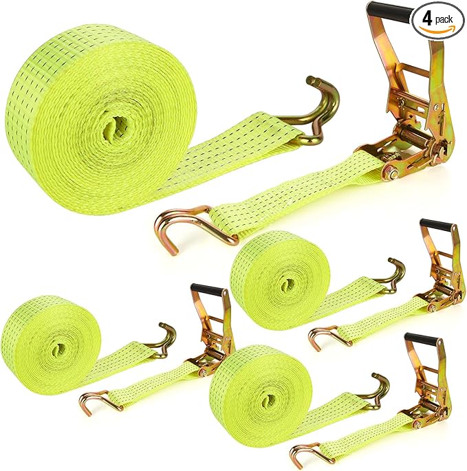 4 Pack 2 Inch Ratchet Straps Heavy Duty 20ft Tie Down Straps Ratchet with Double J Hook, 8000 LBS Break Strength, Cargo Ratchet Straps for Moving, Truck, Trailers, Motorcycles, Kayaks, Car Roof