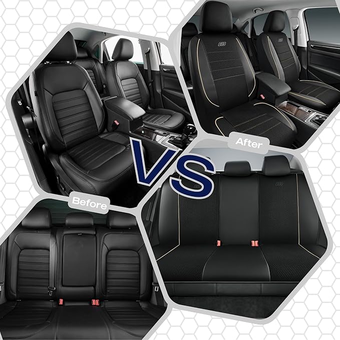 Skechers Air-Cooled Memory Foam Seat Cover, Mesh Thick Car Seat Covers,Piping Leather Car Seat Cover Full Sets,Airbag Compatible,Automotive Comfort Universal Fit Most Cars,Vans,Trucks,SUV,Beige