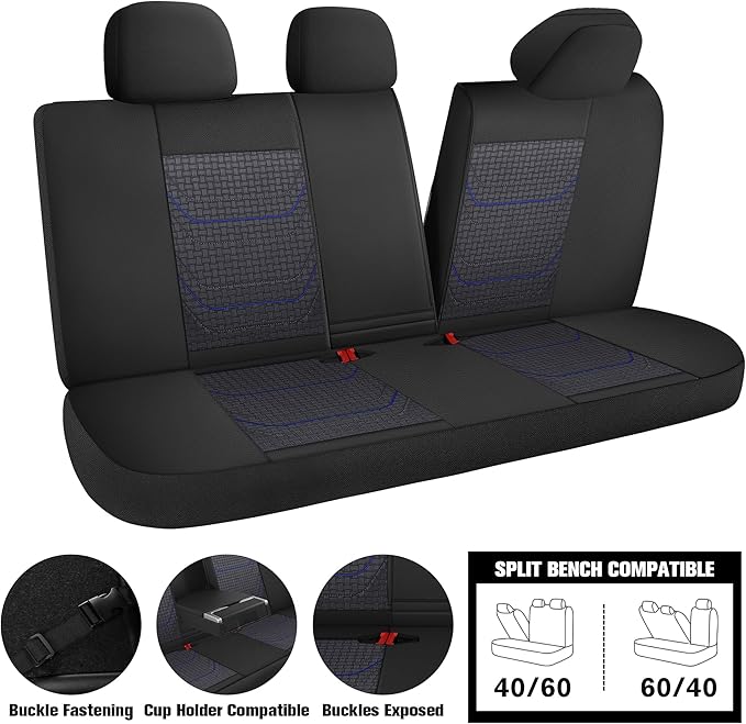 CAROMOP Premium PU Leather&Flannel Car Seat Covers Full Seats,Split Bench Compatible Car Interior Covers, Universal Fit Most Car Sedan Truck SUV(5-Seat Black/Blue)