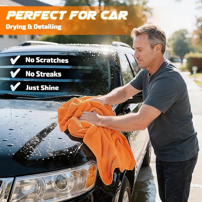 2-Pack 1200 GSM Car Drying Towels – Microfiber Towels for Cars (36" x 24"), Ultra-Absorbent, Streak-Free, Scratch-Free, No Water Spots, Double-Twist Pile & Edgeless Design(Orange)