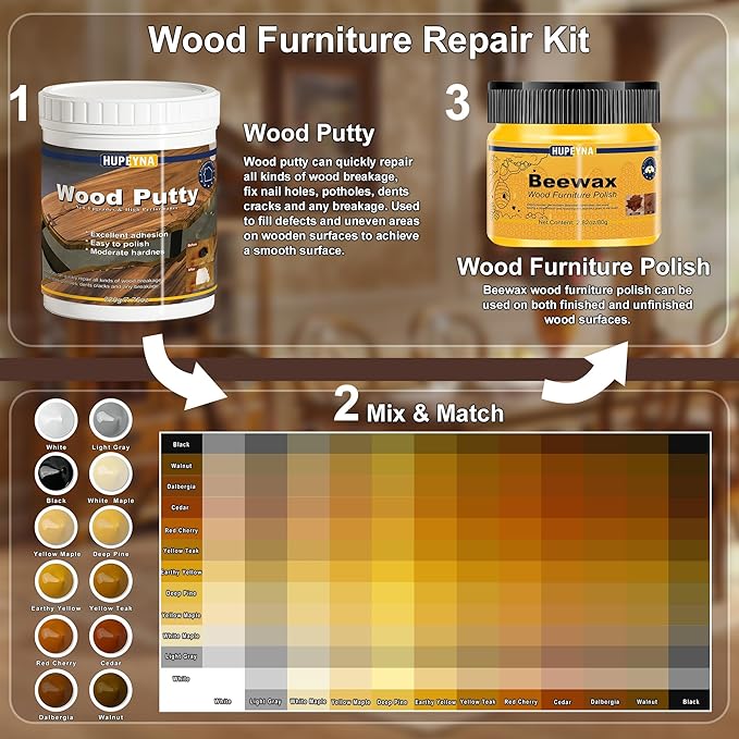 Wood Furniture Repair Kit, 21 Pcs Touch Up Wood Putty, Wood Fillers and Beeswax - Repair Cracks, Scratch, Hole, Discoloration for Wooden Floor, Door, Laminate, Table, Cabinet Surfaces