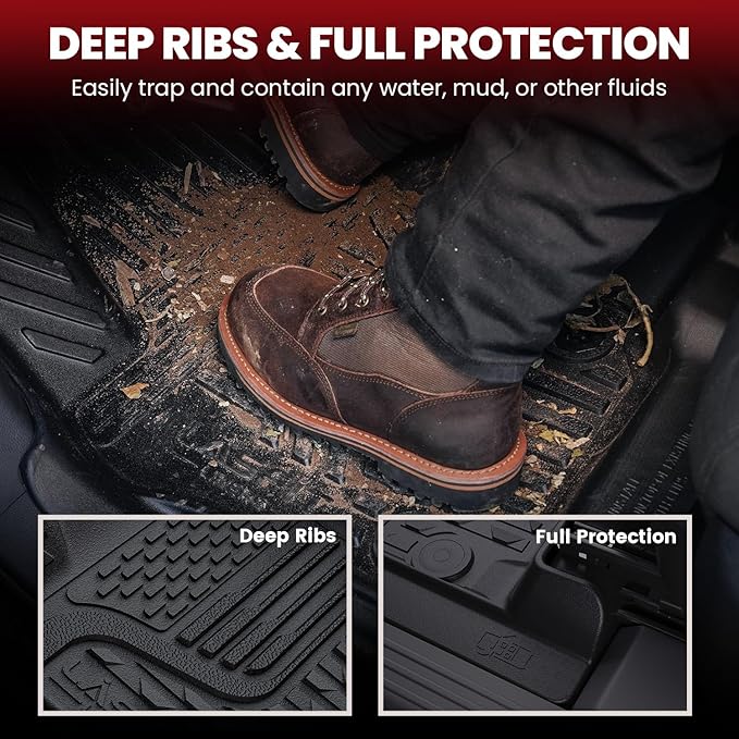 LASFIT Floor Mats for Ram 1500 Crew Cab 2019-2024 Bench Seat (NOT for Bucket Seat) Without Rear Under-Seat Factory Storage 4 Full Size Doors, All Weather TPE Custom Fit 1st & 2nd Row, Black