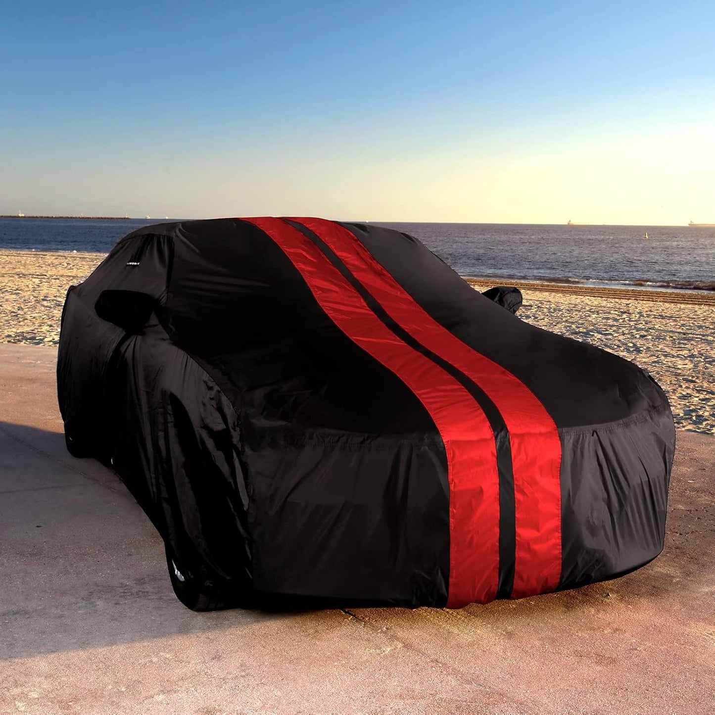 iCarCover Custom Car Cover Compatible with Challenger 2008-2024, Waterproof All-Weather Rain Snow UV Sun Protector Full Exterior Indoor Outdoor Car Covers, Stripe (Black/Red)