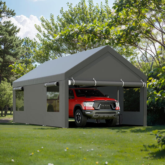 JY QAQA Carport, 12x20 FT Heavy Duty Carport with Removable Side Walls and Doors, Portable Garage with Roll-Up Window and Sandbags, Car Canopy with All-Season Tarp for Cars, Trucks, Boats, Grey