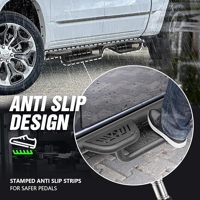 Crew Cab Three Raised Steps Running Boards Side Steps Compatible with 2019-2025 Dodge Ram 1500 Crew Cab New Body Design, Bolt-on Nerf Bar Step Bars, Heavy-Duty Steel Two Stairs Design (Black)