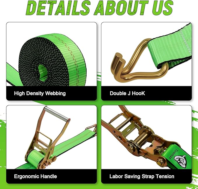 2"x20' Ratchet Straps with J Hooks - 10,000lb Break Strength/ 3,333lb Load Capacity Ratchet Tie Down Strap - Ratchet Straps Heavy Duty - Cargo Straps for Truck, Lawn Equipment, Car Roof, 4 Pack(Green)