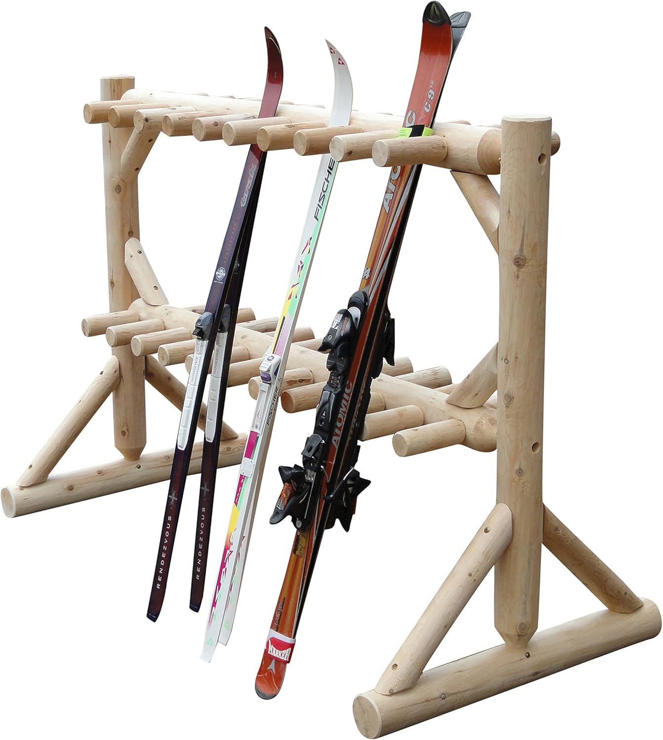 17-Place Freestanding Log Ski Rack Holder, Indoor & Outdoor Snowboard Racks, Standing Storage, Garage Racks for Snow Skis, Durable Snowboard Rack Garage Storage Organizer - Unfinished + 15" Anchor Kit