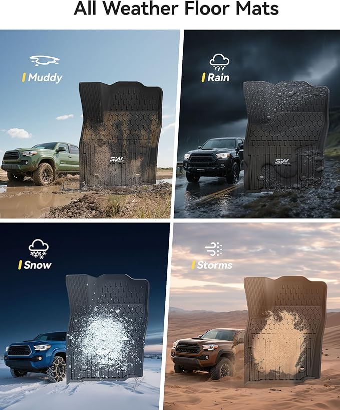 3W Floor Mats Fit for Toyota Tacoma Hybrid 2024 2025 2026, TPE All Weather Custom Fit Floor Liner for Tacoma Accessories 1st and 2nd Row Full Set Car Mats Easy Clean, Black(Only for Hybrid)