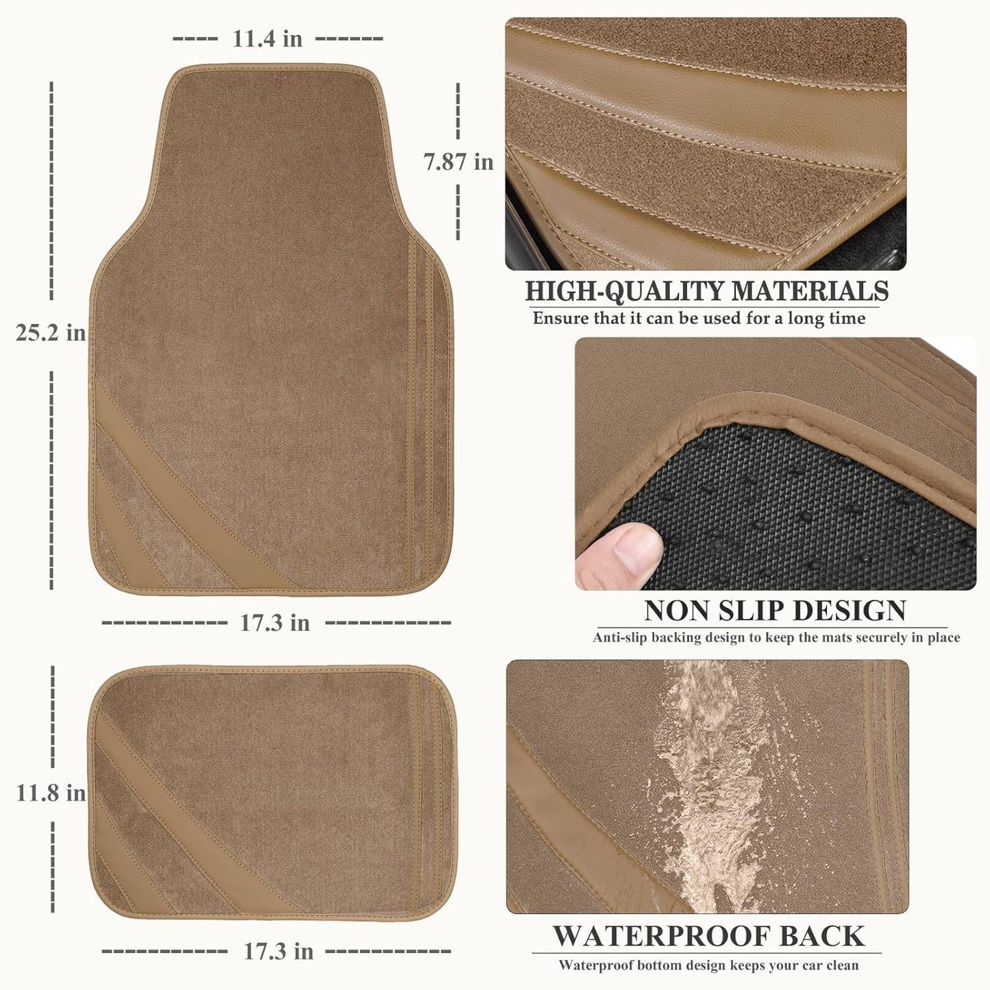 CAR PASS Beige Car Floor Mats, Edge Leather Waterproof Car Mats with Double Stitch Line and Anti-Slip Backing Design, Fit 95% Automotive,SUVS,Sedan,Vans (Pure Beige)