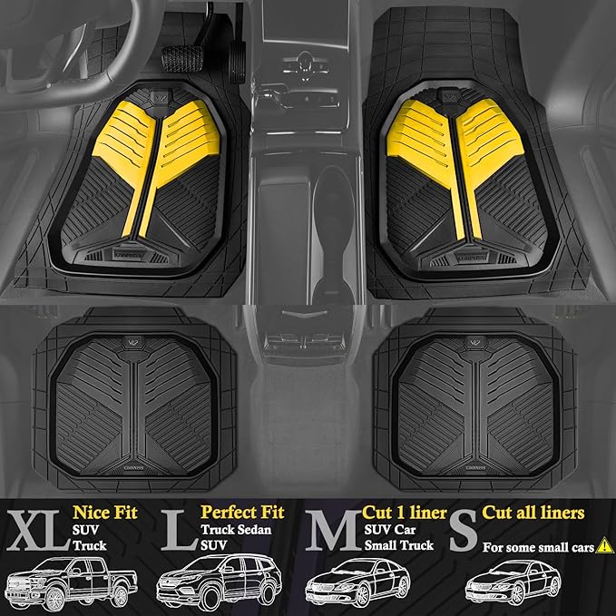 CAR PASS Heavy Duty Rubber Car Mats, Deep Dish Car Floor Mats All Weather, Car Mats Full Set 4-Piece Trim to Fit for Sedans SUVs Trucks, Waterproof Anti-Slip Automotive Mats, V12 Black and Yellow