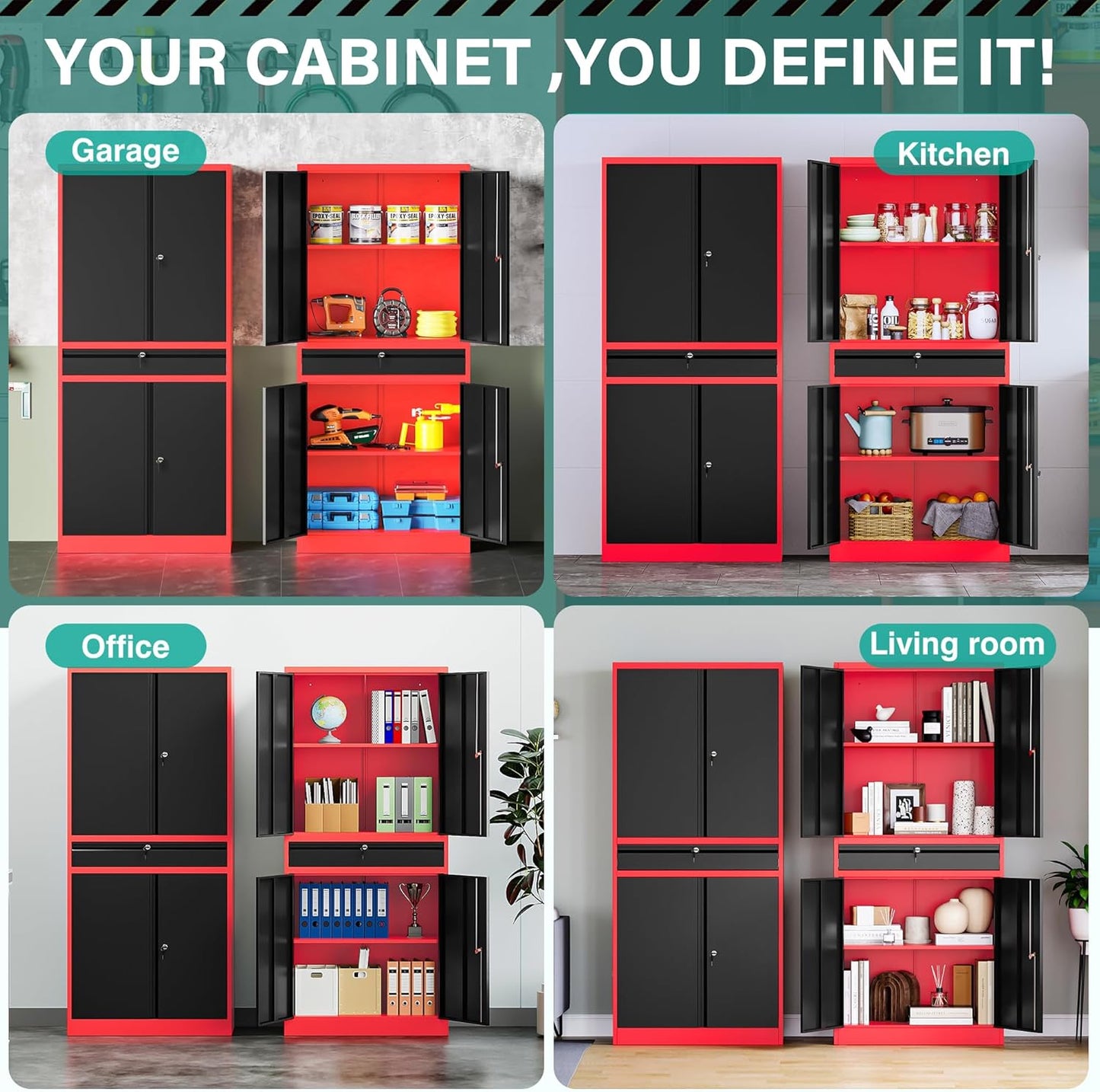 Metal Storage Cabinet with Drawer and Lock,Garage Storage Cabinet with Locking Doors and Shelves,71" Black Red Metal Cabinets,Lockable Steel Tool Cabinets for Garage,Home,Office,Shop