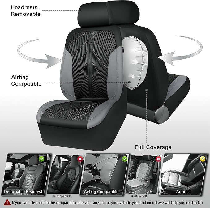 CAR PASS Waterproof Black Gray Car Seat Covers Front Seat Covers Neoprene Wetsuit,All-Weather Non-Slip Durable,Universal Fit for SUV Sedans Trucks Van Automotive,Airbag Compatible,3D Emboss Black Gray