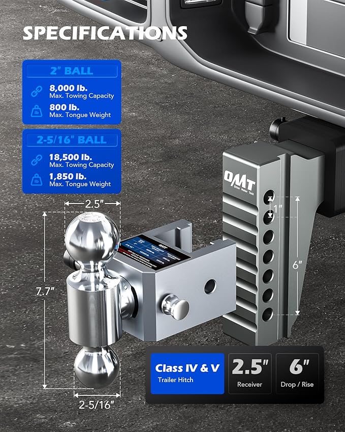 Orion Motor Tech Adjustable Trailer Hitch, Heavy Duty 2.5 inch Receiver Hitch, 6" Drop Hitch with 2" & 2-5/16" Balls, 360° Dual-Ball Mount with 18500lb Towing Capacity for Class IV & V, Gray