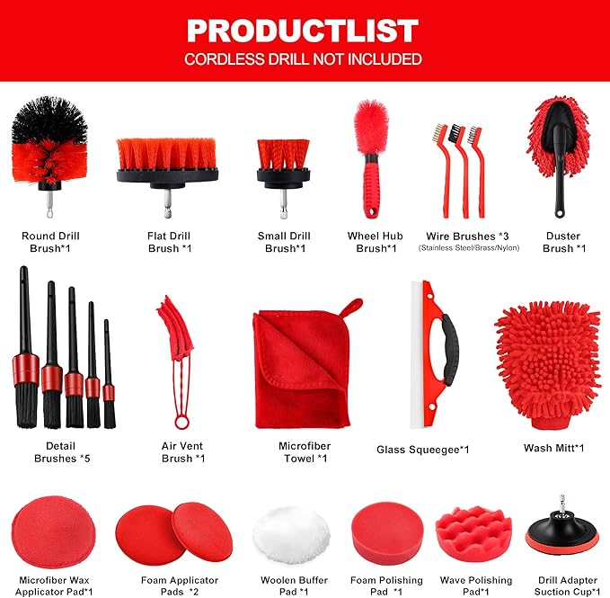 25Pcs Car Detailing Kit, Car Cleaning Kit with Drill Brushes and Interior Tools, Wheel Hub Cleaner, Polishing Pads, Auto Wax Applicator Accessories (25PCS)