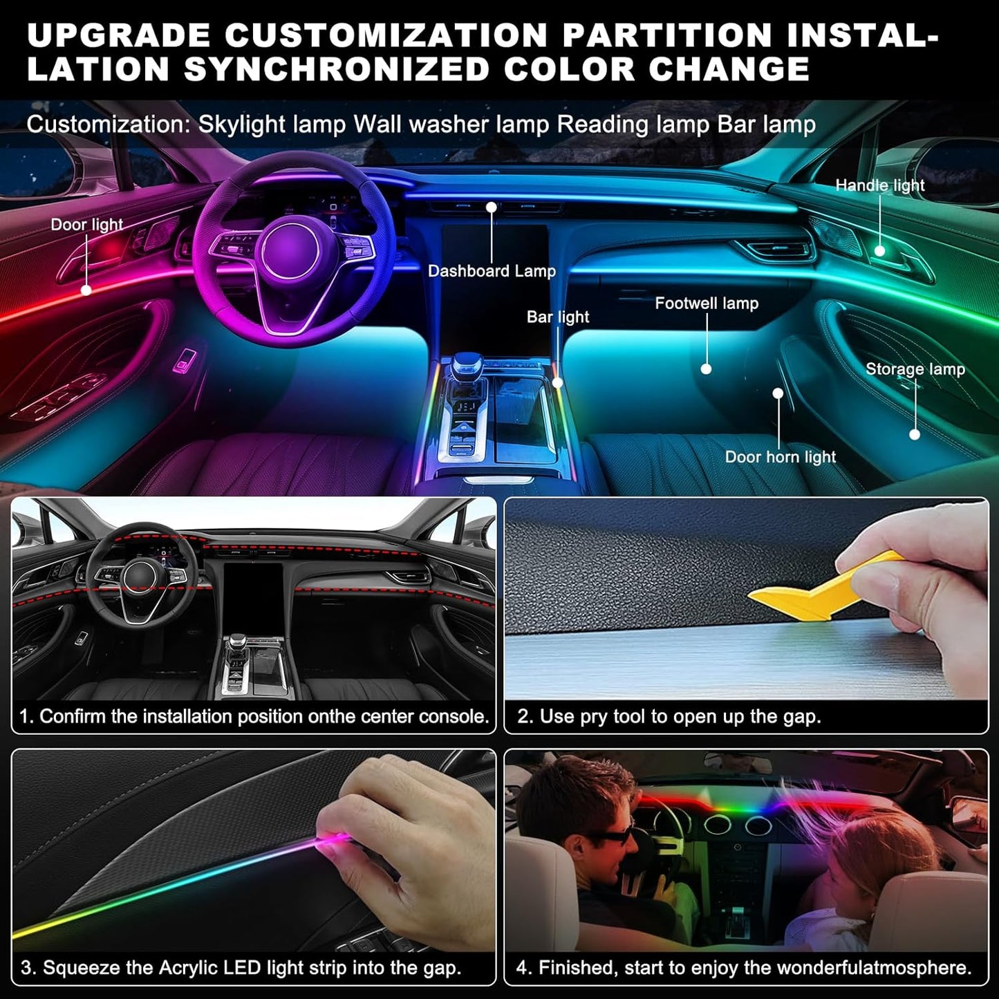 Acrylic Interior Car LED Strip Light with Wireless APP, Dreamcolor RGB 10 in 1 with 175 inches 600 LEDs Fiber Optic Car Ambient Lighting Kits, Dual Zone Sound Active Function LED Strip for Car