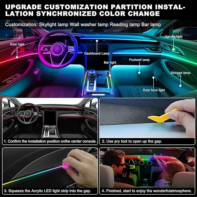 Dreamcolor Acrylic Interior Car LED Strip Light with Wireless APP, RGB 22 in 1 with 175 inches 600 LEDs Fiber Optic Ambient Lighting Kits, Dynamic Chasing Music Sync Neon LED Strip for Car Accessories