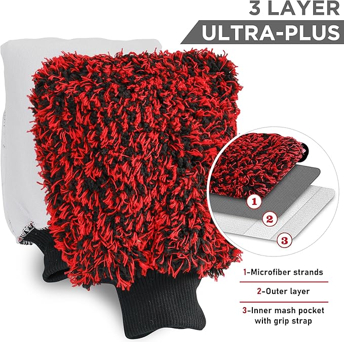 TAKAVU New Car Wash Mitt, 2 Pack Premium Cyclone Microfiber Washing Gloves, Holds Tons of Sudsy Water for Effective Washing, Machine Washable, Lint Free, Scratch Free (Red & Black)