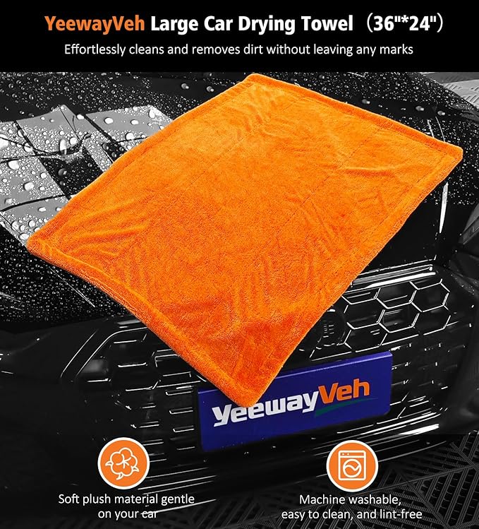 YeewayVeh 3 Pack Car Drying Towel, 24" x 36" Double Twisted Loop Car Drying Towels Extra Large, 16" x 16" Edgeless Microfiber Drying Towel and Absorbent Waffle Weave Towels for Cars Truck SUV, Orange
