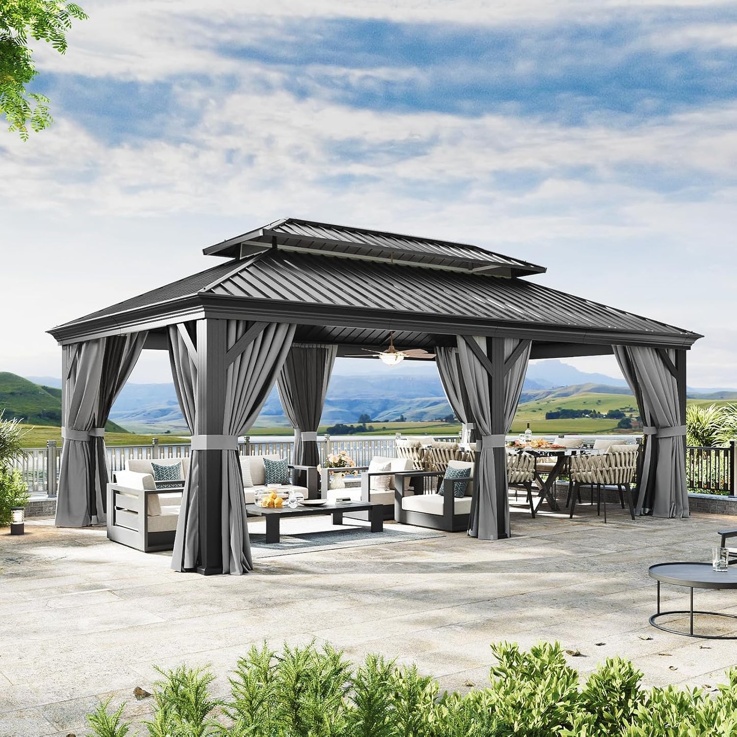 Aoxun 12' X 20' Hardtop Gazebo, Aluminum Outdoor Gazebo with Galvanized Steel Double Roof, Patio Permanent Metal Pavilion with Netting, for Garden, Deck, Grey, Square Foundation