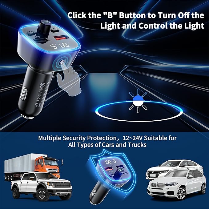 SONRU Bluetooth 5.3 FM Transmitter, Wireless Radio Adapter Car Kit, Audio Receiver Car Charger, Wireless FM Radio Transmitter, Hands-Free Calling and 2 USB Ports Charger, HiFi Treble & Bass Player