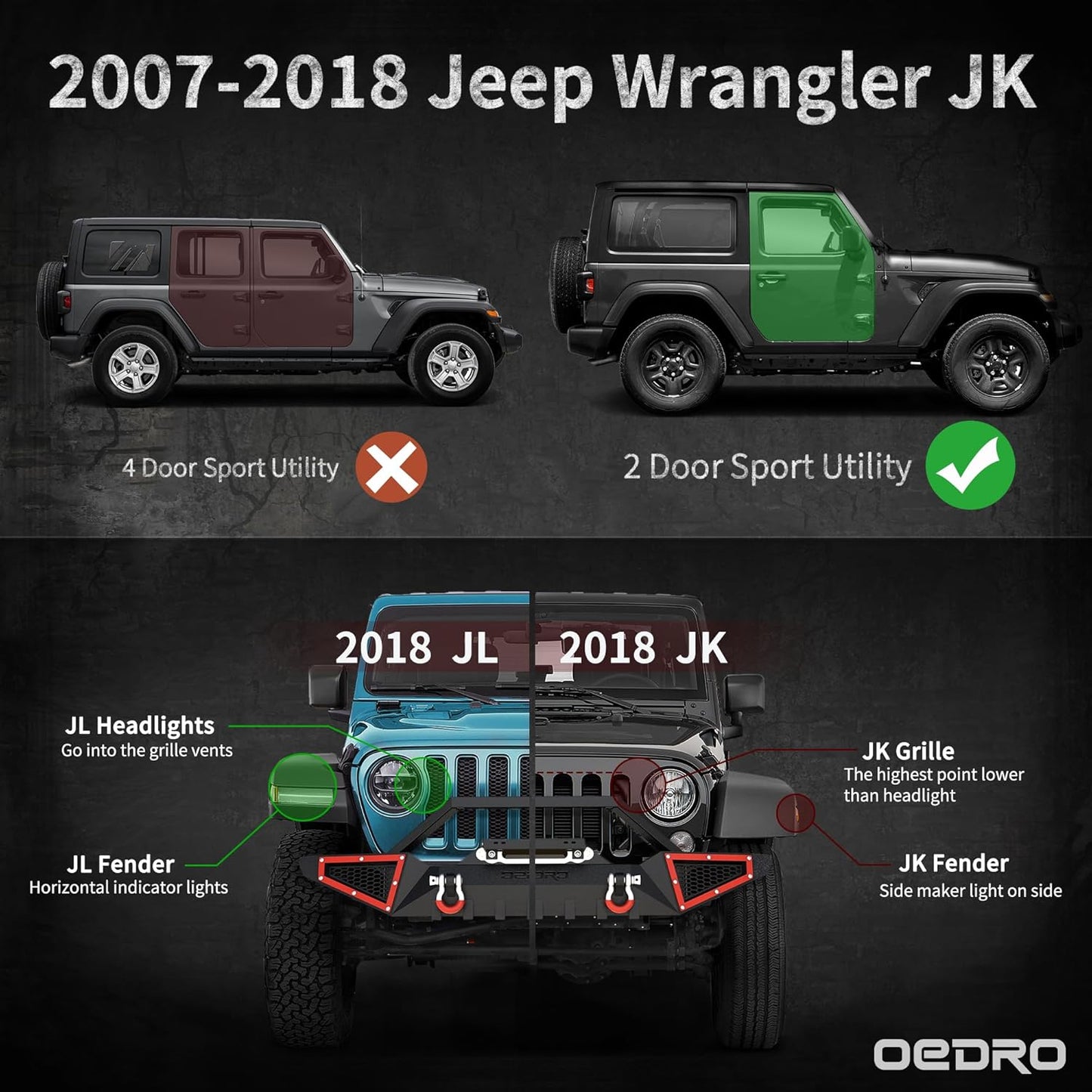 OEDRO 6 inch Running Boards, Drop Side Steps Compatible with 2007-2018 Jeep Wrangler JK 2 Door, Steel Nerf Bars Red Paintable Step Plates