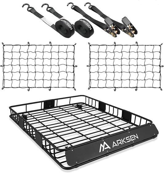 ARKSEN 64 x 50 x 6 Inch Universal Extra Wide 150LB Heavy Duty Roof Rack Cargo with 2 Nylon Cargo Nets, 2 Ratchet Straps, Car Top Luggage Holder Carrier Basket for SUV, Truck, & Car Steel Construction