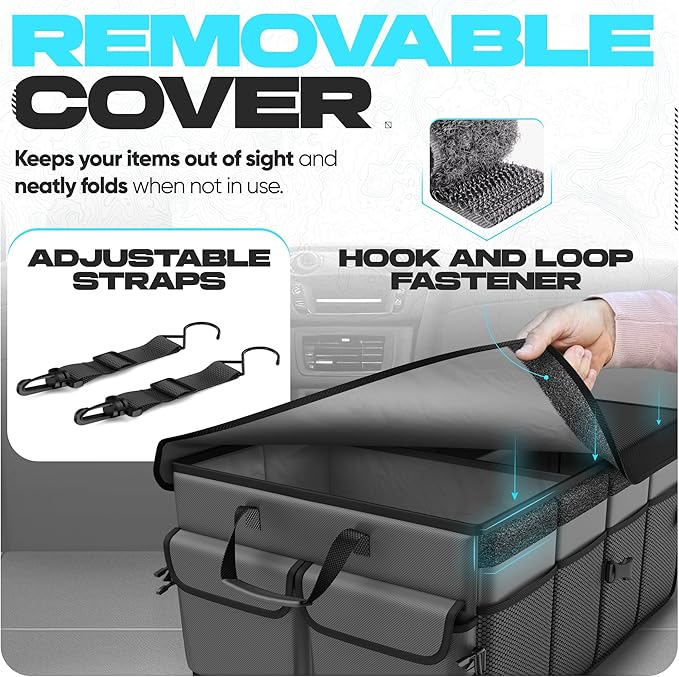 FORTEM Car Trunk Organizer, Collapsible Multi Compartment SUV Organizer, Foldable Storage for Car Accessories for Women Men, 600D Oxford, Non Slip Bottom, Securing Straps, Soft Cover (50L)