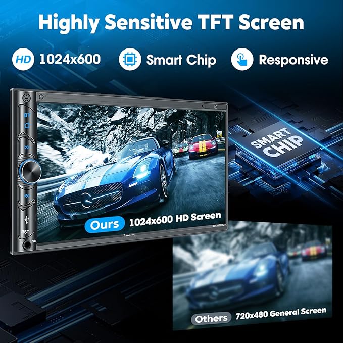 Upgrade Wireless Double Din Car Stereo with Carplay, Android Auto, Bluetooth, 4-Channel RCA, High Power, 2 Subwoofer Ports, 7" HD Capacitive Touchscreen Car Radio, Backup Camera, Audio Receiver