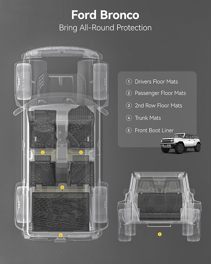 3W Ford Bronco Floor Mats & Cargo Liner & Back Seat Cover Custom Fit for 2021 2022 2023 2024 2025 Bronco 4 Door All Weather Custom Fit Ford Bronco Accessories (Not for Sport & Rubberized Floor)